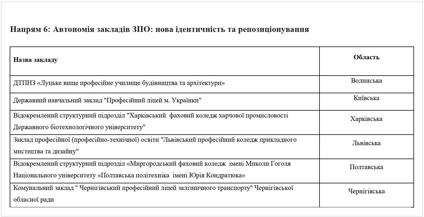 Переможці за напрямом "Автономія закладів ЗПО: нова ідентичність та репозиціонування" (інфографіка: ndi.gov.ua)